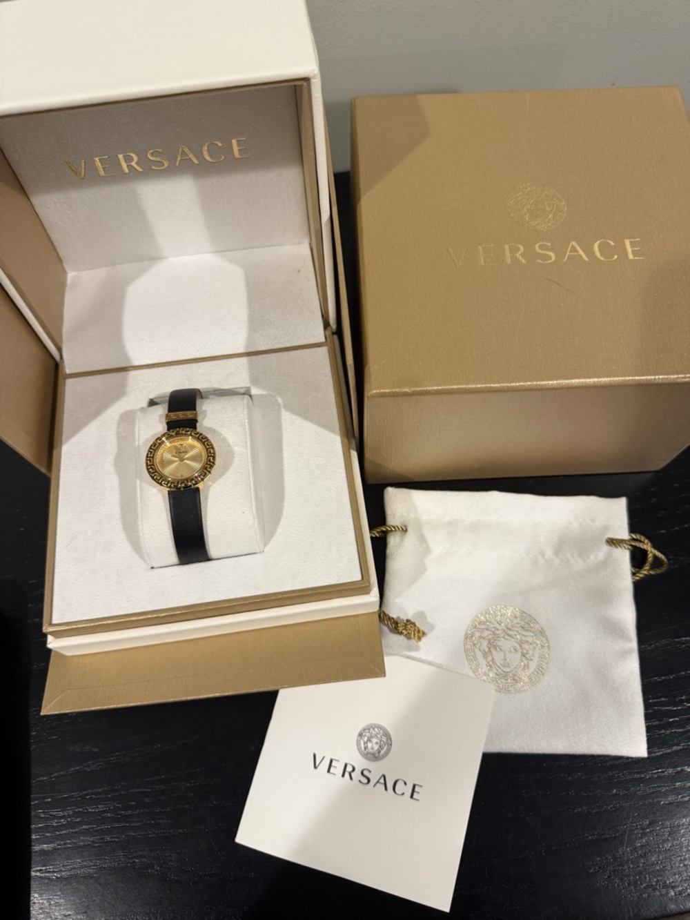 Versace Black and Gold Women's Medusa Accent Leather Strap Watch